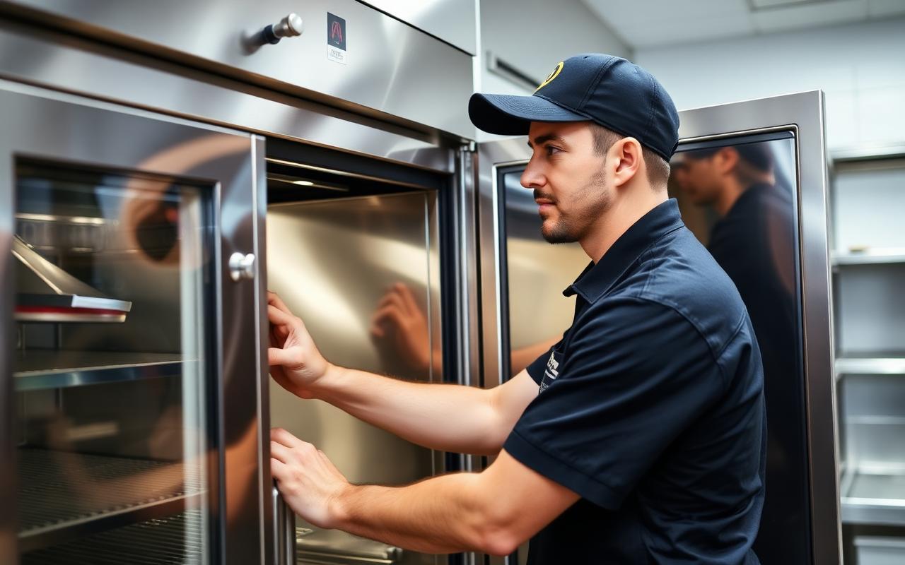 Commercial appliance repair technician servicing a stainless steel reach-in refrigerator in a Minneapolis restaurant kitchen